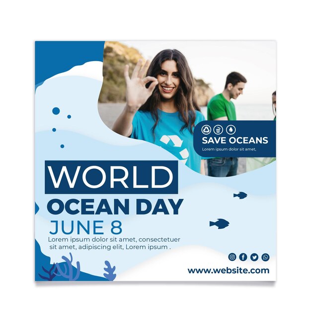 Flat world oceans day square  flyer template