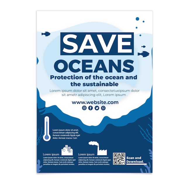 Flat world oceans day vertical flyer template