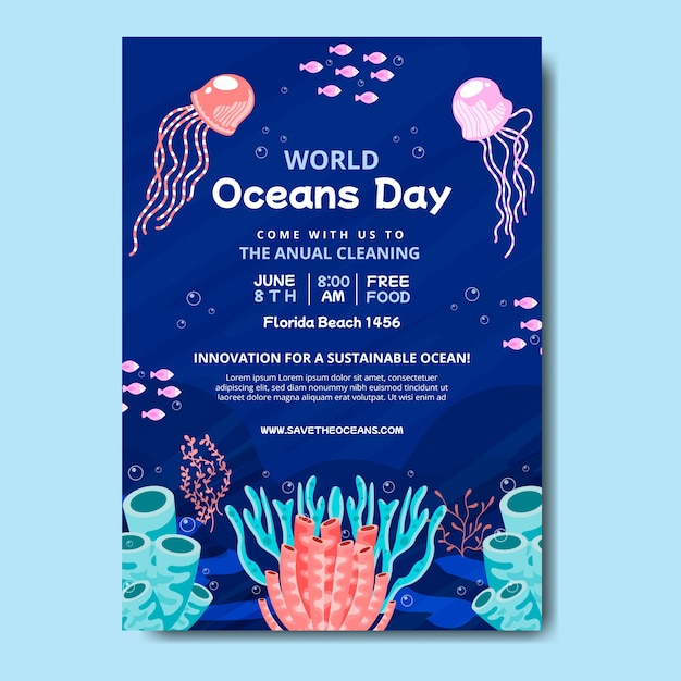 Free vector flat world oceans day vertical poster template