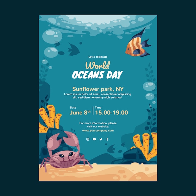 Flat world oceans day vertical poster template