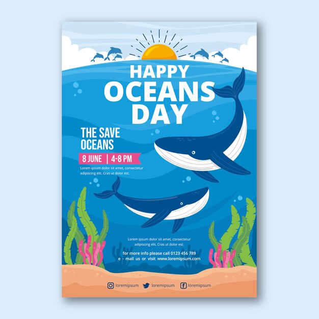 평평한 세계 바다의 날 세로 포스터 템플릿