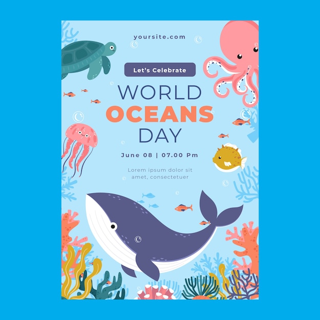 Free vector flat world oceans day vertical poster template