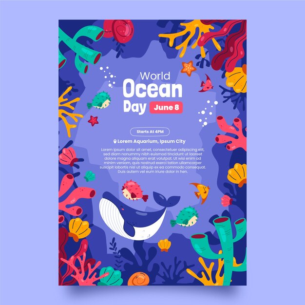 Плоский всемирный день океанов вертикальный шаблон плаката