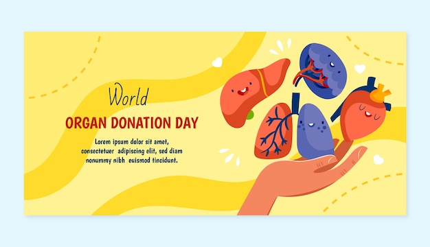 Flat world organ donation day horizontal banner template with hands holding human organs