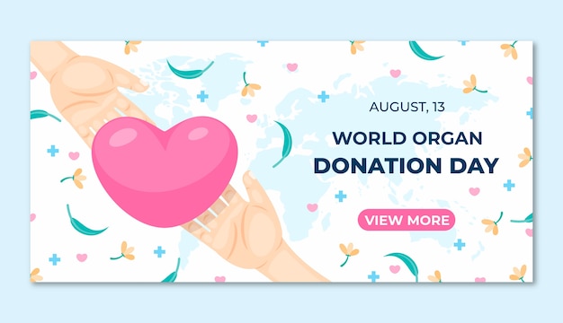 Бесплатное векторное изображение Плоский всемирный день донорства органов шаблон горизонтального баннера с руками, тянущимися к сердцу