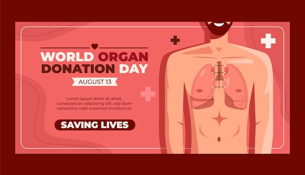 Modello di banner orizzontale per la giornata mondiale della donazione di organi piatto con l'uomo che mostra i polmoni nel corpo