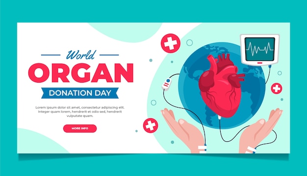 Modello di banner orizzontale per la giornata mondiale della donazione di organi piatto con pianeta e cuore