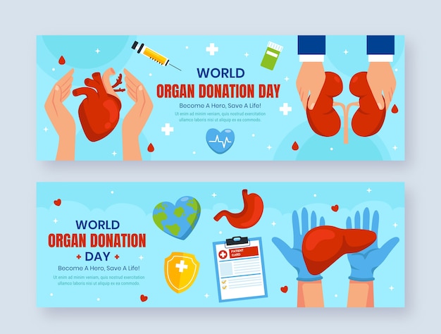 Vettore gratuito set di banner orizzontali per la giornata mondiale della donazione di organi piatti