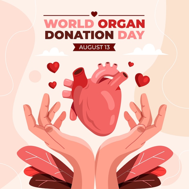 Illustrazione della giornata mondiale della donazione di organi piatta con le mani che mostrano il cuore