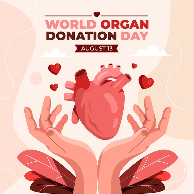Flat world organ donation day illustration with hands showing heart
