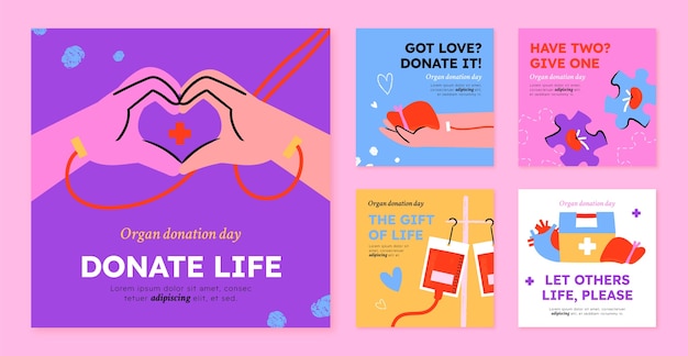 Vettore gratuito collezione di post instagram per la giornata mondiale della donazione di organi piatti