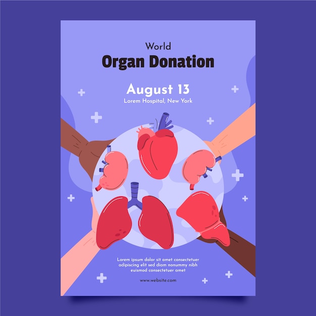 Modello di poster verticale per la giornata mondiale della donazione di organi piatto con organi umani