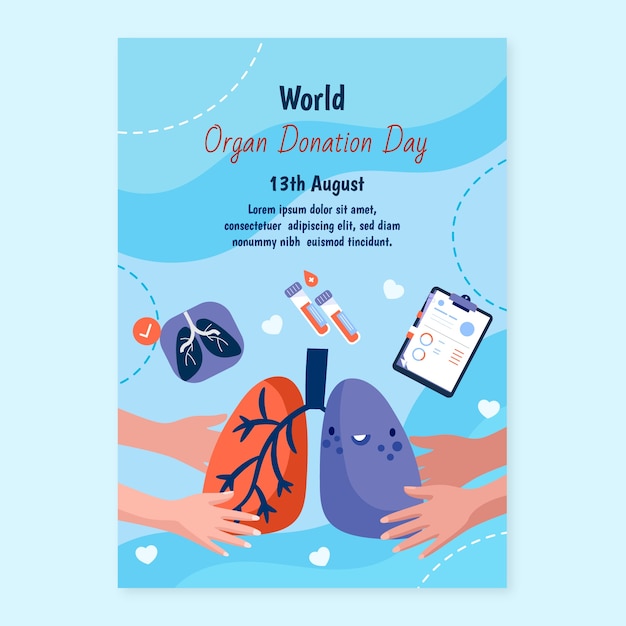 Плоский всемирный день донорства органов вертикальный шаблон плаката с легкими и руками