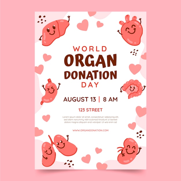 Vettore gratuito modello di poster verticale per la giornata mondiale della donazione di organi piatto con organi