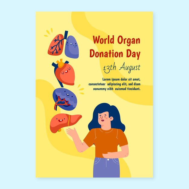 Плоский всемирный день донорства органов вертикальный шаблон плаката с человеком и органами