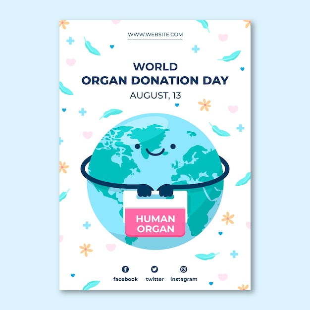 Modello di poster verticale per la giornata mondiale della donazione di organi piatto con il pianeta