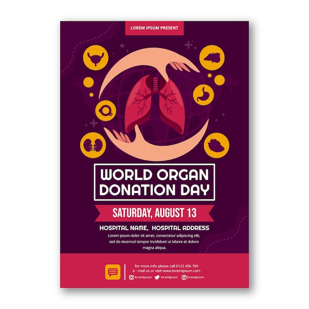 Vettore gratuito modello di poster verticale per la giornata mondiale della donazione di organi piatto