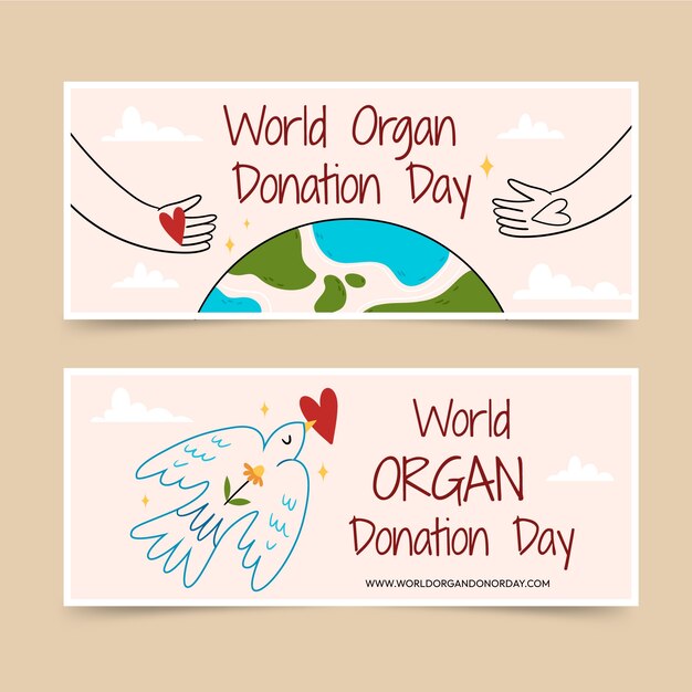 惑星を鳩と手で設定されたフラットな世界の臓器提供水平バナー