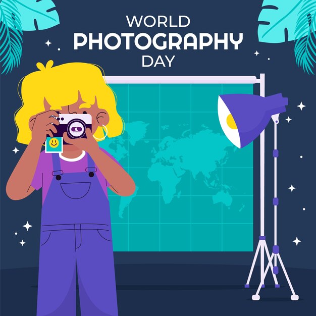 Плоский всемирный день фотографии иллюстрация