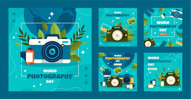 Free vector flat world photography day instagram posts collection