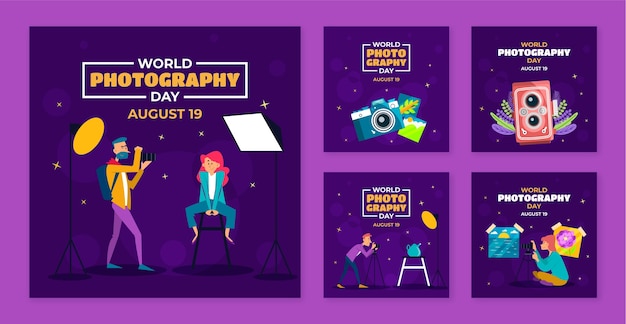 Free vector flat world photography day instagram posts collection