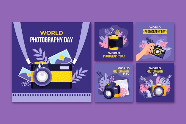 Vettore gratuito collezione di post instagram per la giornata mondiale della fotografia piatta