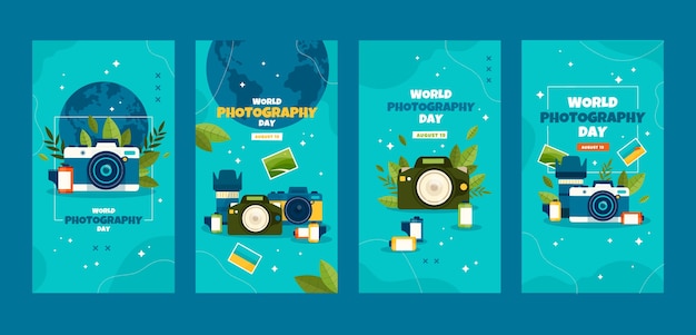 Vettore gratuito collezione di storie di instagram per la giornata mondiale della fotografia piatta