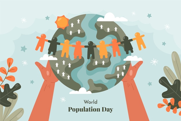 Fondo piatto della giornata mondiale della popolazione con le mani che tengono il pianeta con le persone
