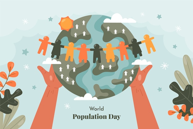 Vettore gratuito fondo piatto della giornata mondiale della popolazione con le mani che tengono il pianeta con le persone