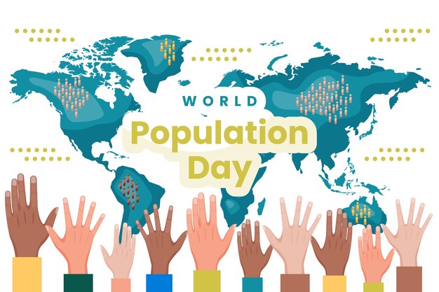 Vettore gratuito fondo piatto della giornata mondiale della popolazione con le mani e la mappa