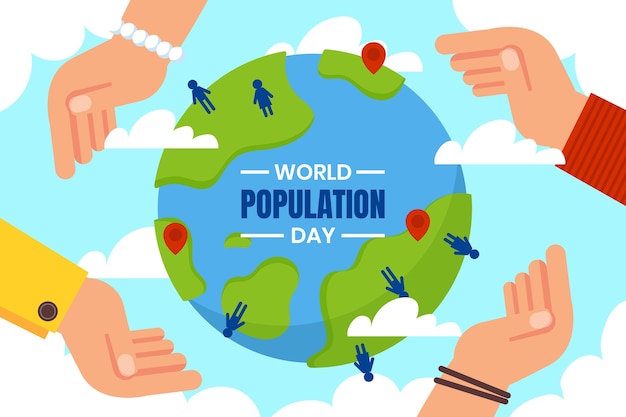 Плоский день населения мира фон с руками, окружающими планету