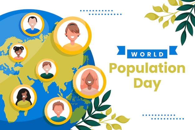 행성과 사람들이 있는 평평한 세계 인구의 날 배경