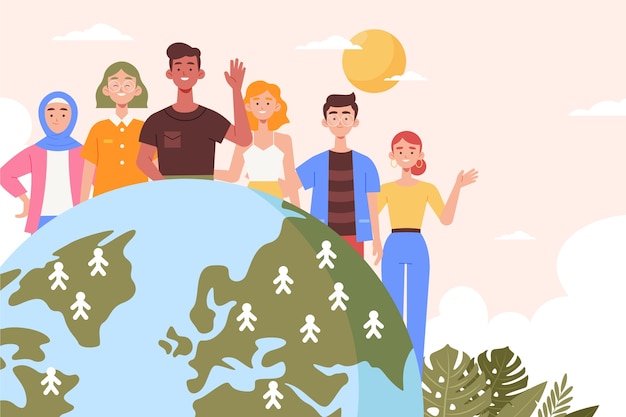 Flat world population day background with planet and people