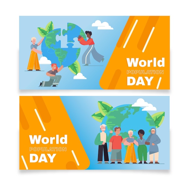 Flat world population day banners set