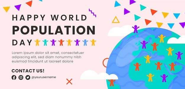 Free vector flat world population day horizontal banner with planet and people