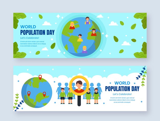 人と地球が設定されたフラットな世界人口デーの水平バナー