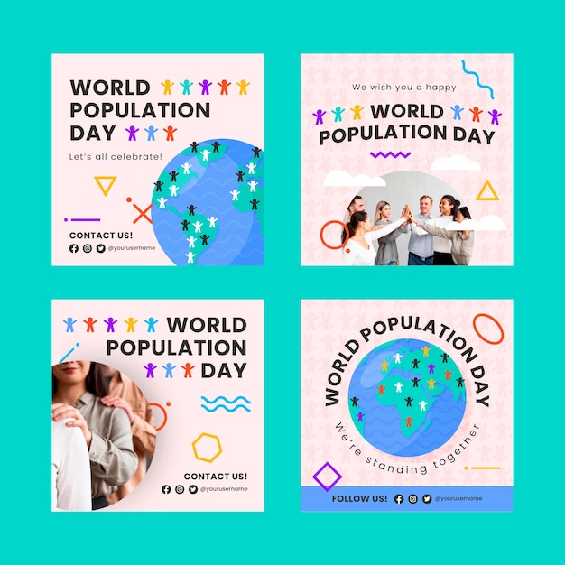 Free vector flat world population day instagram posts collection