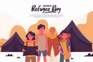 Free vector flat world refugee day living in tents