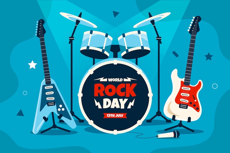 Free Vector flat world rock day background with  drums and guitars