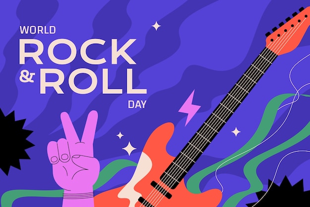 Vettore gratuito fondo piatto della giornata mondiale del rock con la chitarra elettrica e la mano che mostra il segno di pace