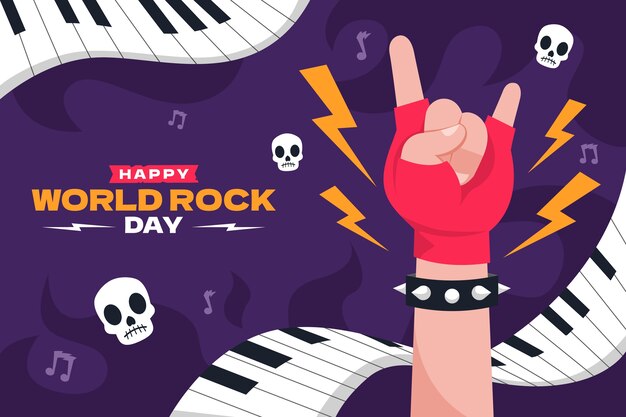 Плоский всемирный день рока с рукой, показывающей рок-знак