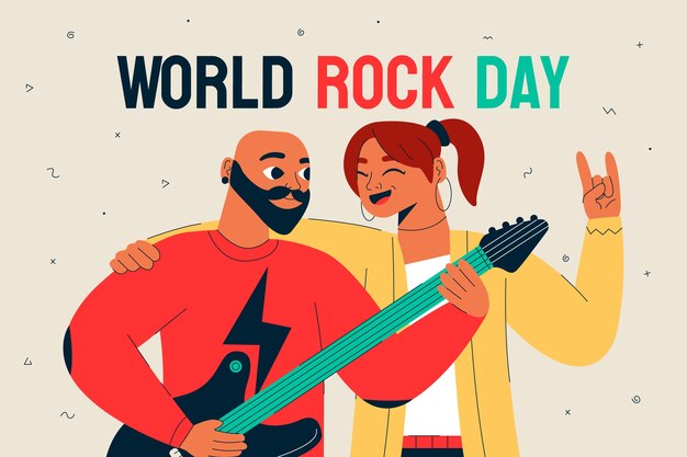 Flat world rock day background with musicians playing guitar