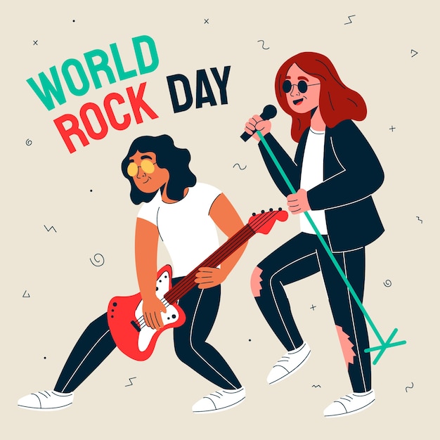 Vettore gratuito illustrazione della giornata mondiale del rock piatto con la band in concerto dal vivo