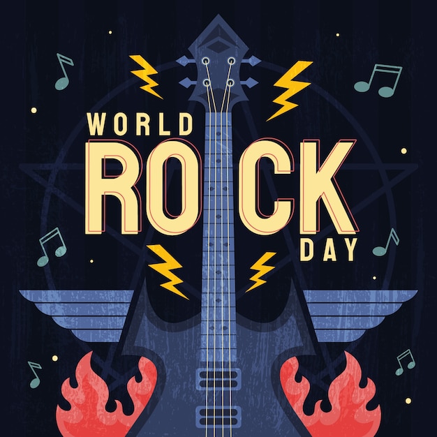 Vettore gratuito illustrazione della giornata mondiale del rock piatto con la chitarra in fiamme