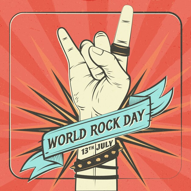 Плоский всемирный день рока иллюстрация с рукой, показывающей рок-знак