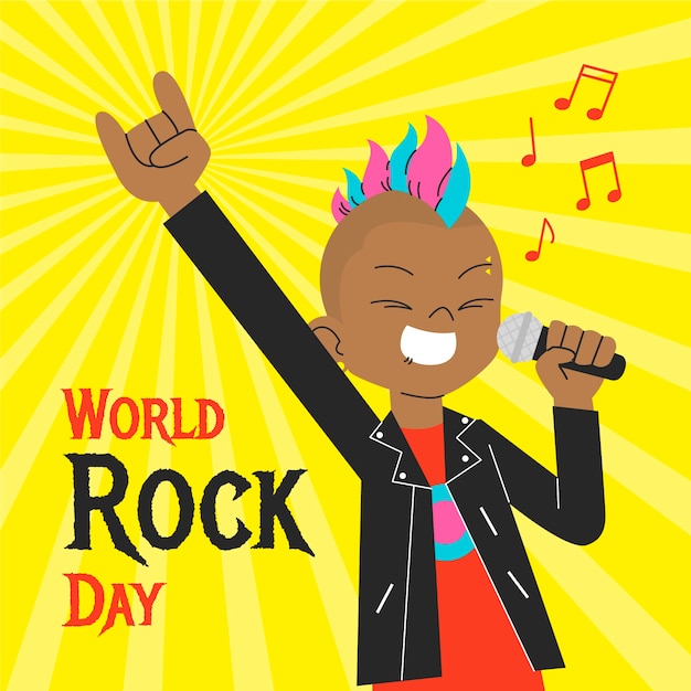 Flat world rock day illustration with musician signing and showing rock sign