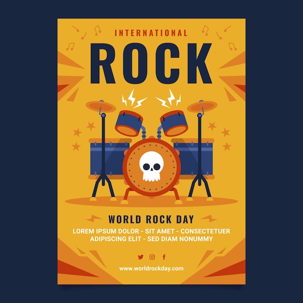 Vettore gratuito modello di poster per la giornata mondiale del rock piatto con batteria