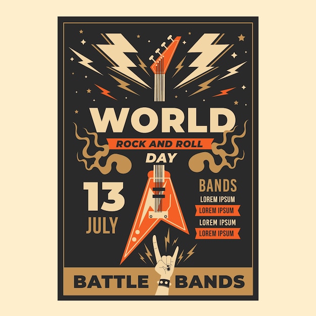 Modello di poster per la giornata mondiale del rock piatto con chitarra elettrica