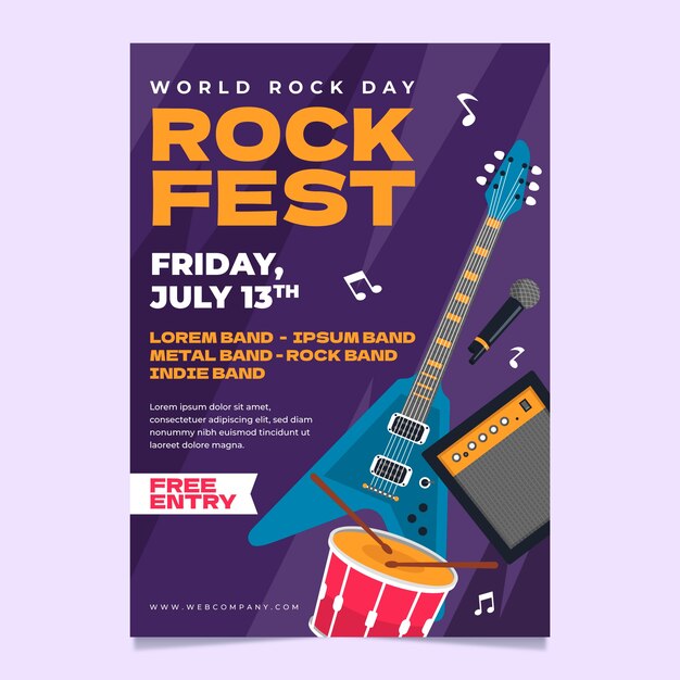 Flat world rock day poster template with guitar and drums