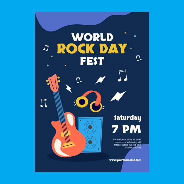 Flat world rock day poster template with guitar